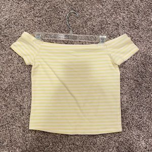 yellow and white striped off the shoulder t-shirt